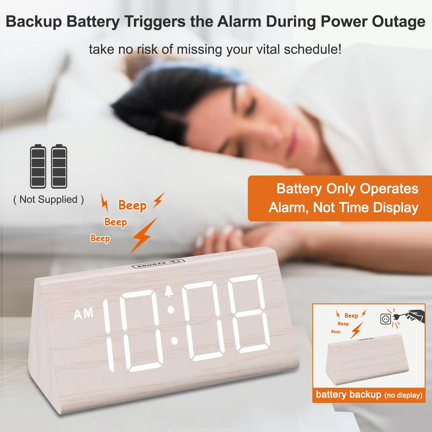 DreamSky Wooden Digital Alarm Clock for Bedroom - Living Room Desk Clock with Large Numbers, Bedside Nightstand Clock with USB Port, Adjustable Volume, Dimmer, Snooze, DST, Office Wood Décor, Gifts