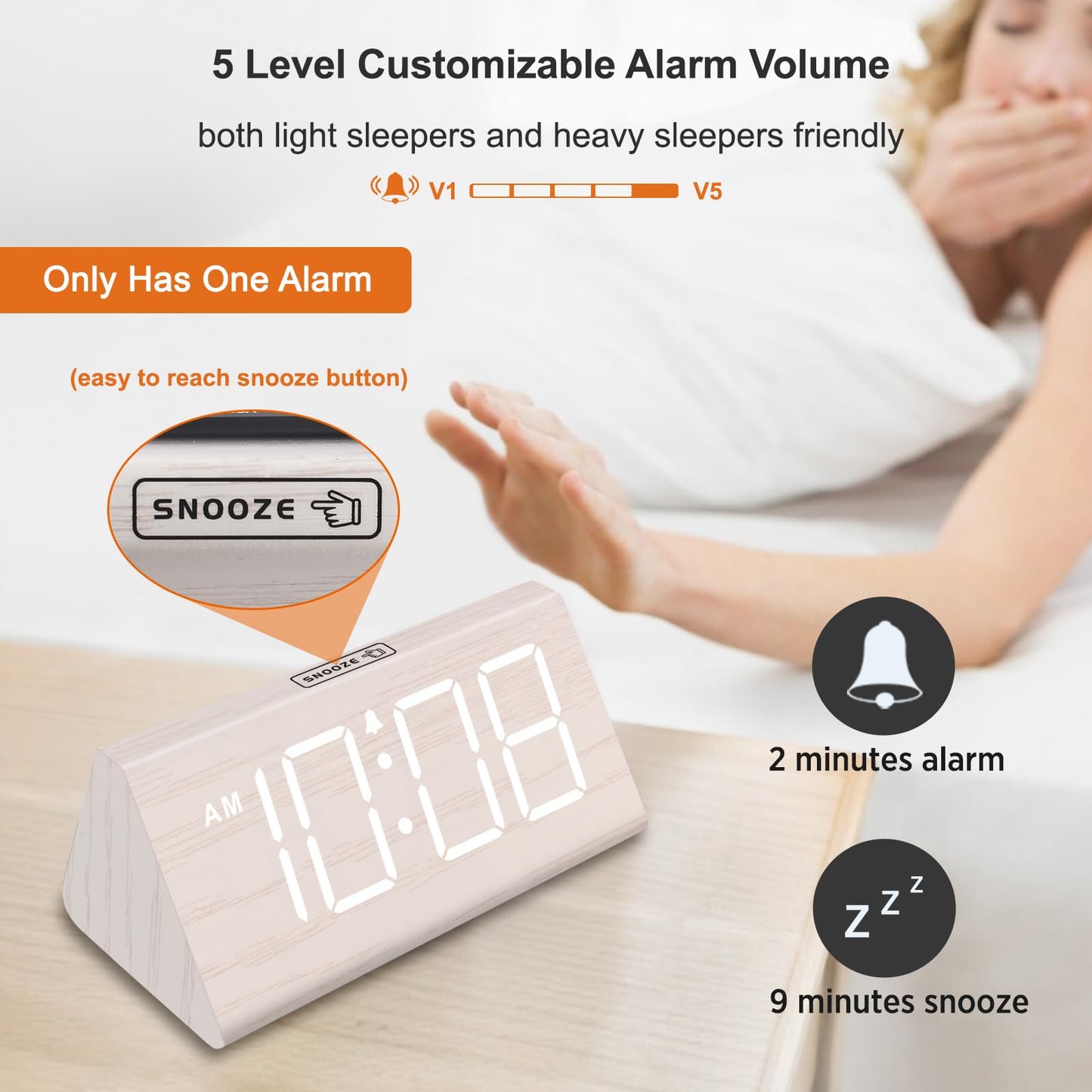DreamSky Wooden Digital Alarm Clock for Bedroom - Living Room Desk Clock with Large Numbers, Bedside Nightstand Clock with USB Port, Adjustable Volume, Dimmer, Snooze, DST, Office Wood Décor, Gifts