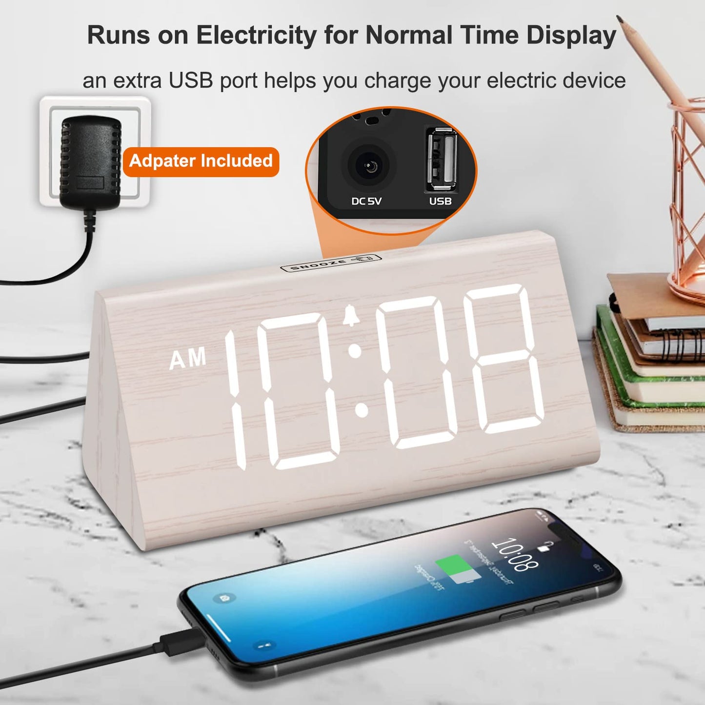 DreamSky Wooden Digital Alarm Clock for Bedroom - Living Room Desk Clock with Large Numbers, Bedside Nightstand Clock with USB Port, Adjustable Volume, Dimmer, Snooze, DST, Office Wood Décor, Gifts