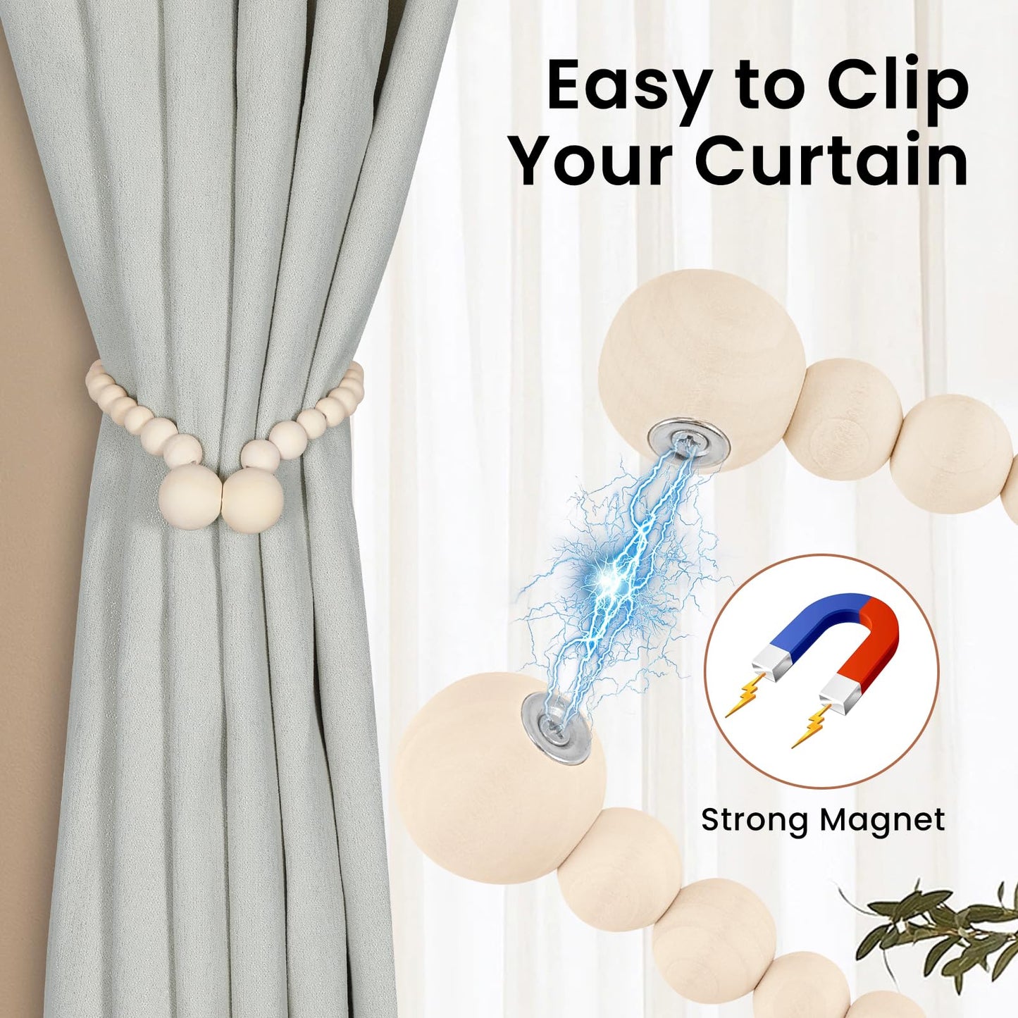 KLOGTSIND Magnetic Curtain Tiebacks, Curtain Tie Backs for Curtains 4 Pack, Wood Bead Curtain Tiebacks, Curtain Holders for Boho Bedroom Decor, Baby Nursery Decor, Farmhouse Decor