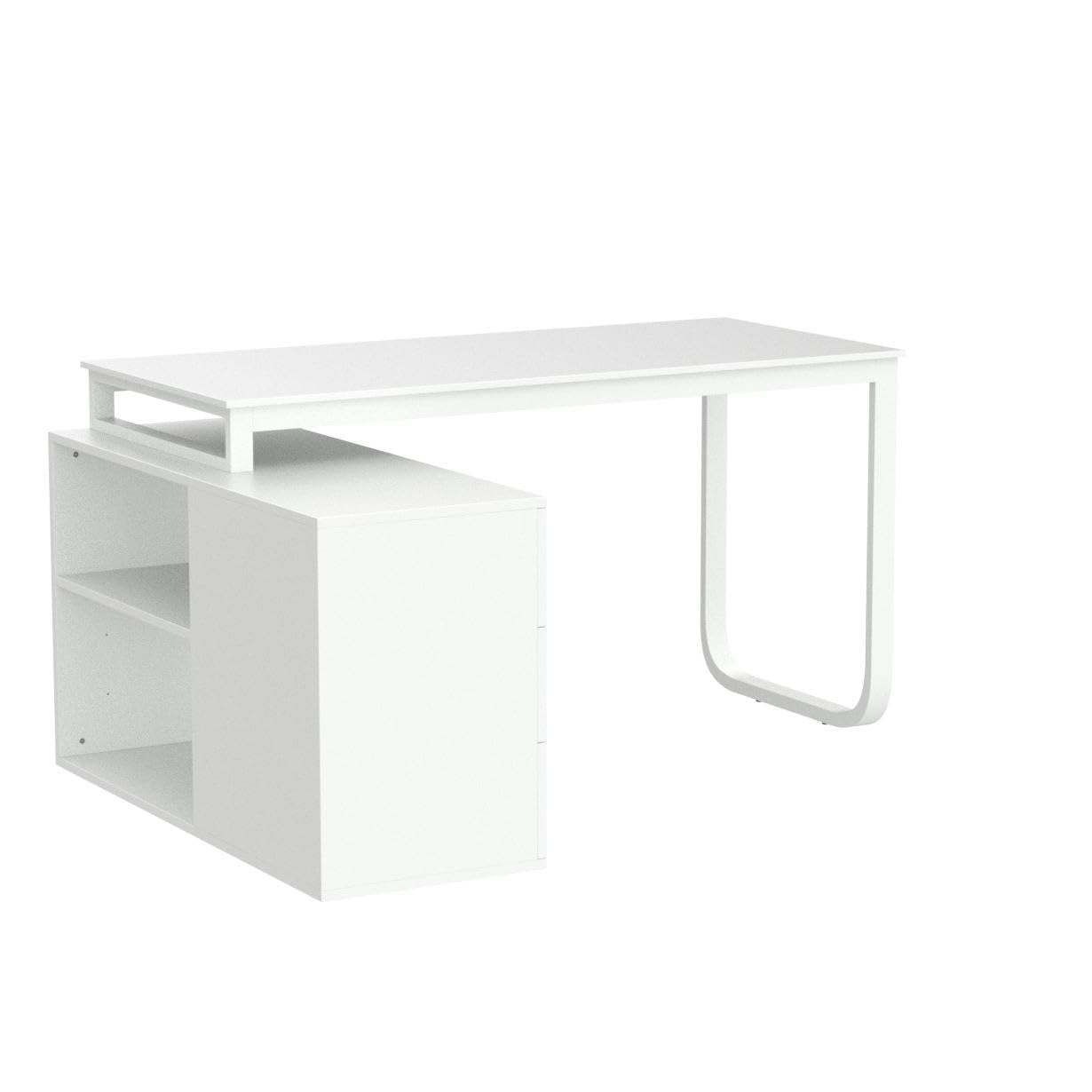 Homsee Home Office Computer Desk Corner Desk with 3 Drawers and 2 Shelves, 55 Inch Large L-Shaped Study Writing Table with Storage Cabinet - White