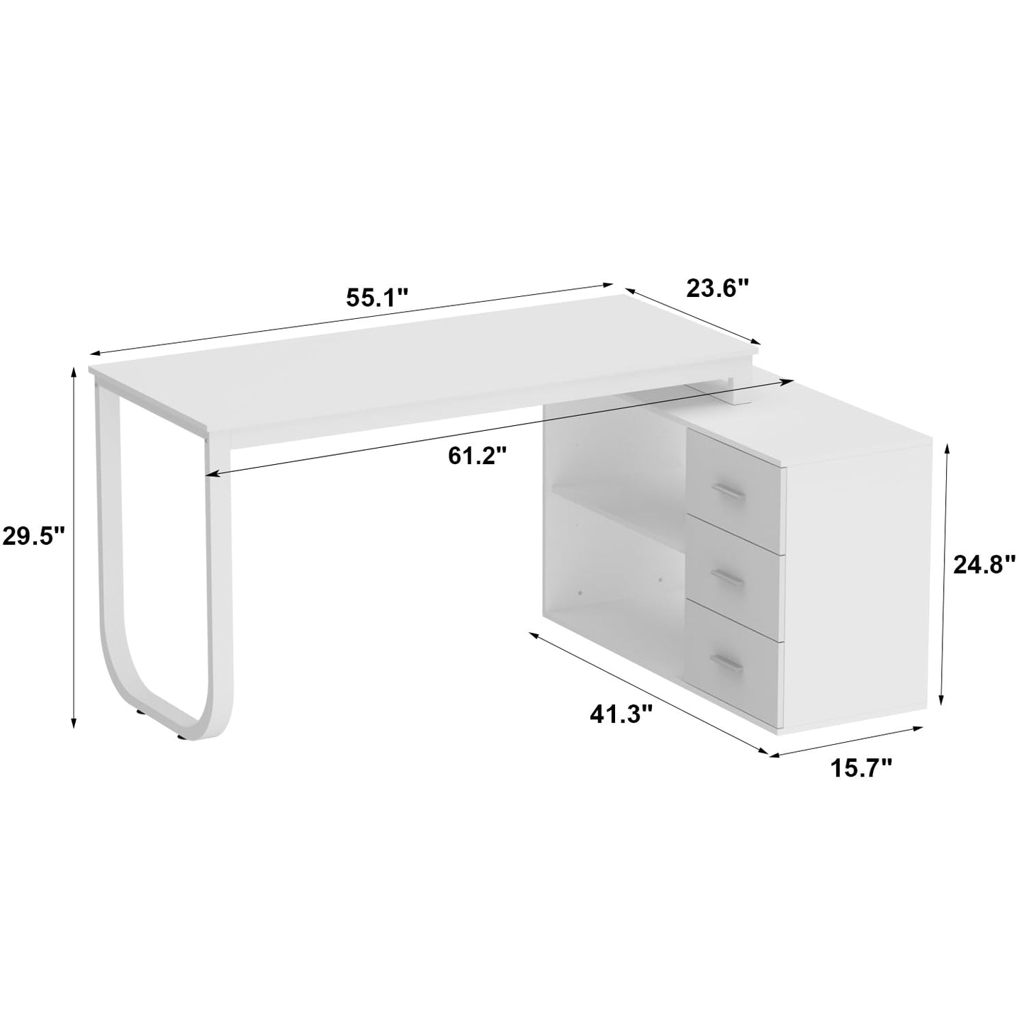 Homsee Home Office Computer Desk Corner Desk with 3 Drawers and 2 Shelves, 55 Inch Large L-Shaped Study Writing Table with Storage Cabinet - White