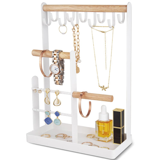 ProCase Jewelry Organizer Stand Necklace Holder, 4-Tier Tower Rack with Earring Tray, 10 Hooks Necklaces Hanging Small Jewelry Display Storage Tree for Bracelets Rings Watches -White