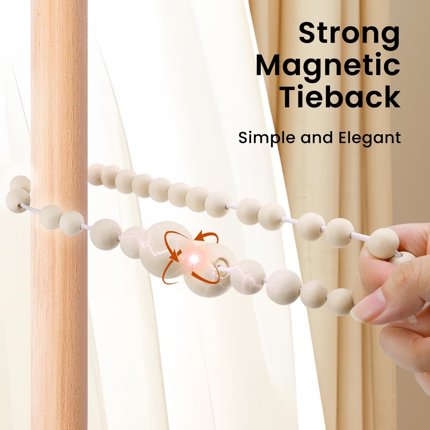 KLOGTSIND Magnetic Curtain Tiebacks, Curtain Tie Backs for Curtains 4 Pack, Wood Bead Curtain Tiebacks, Curtain Holders for Boho Bedroom Decor, Baby Nursery Decor, Farmhouse Decor