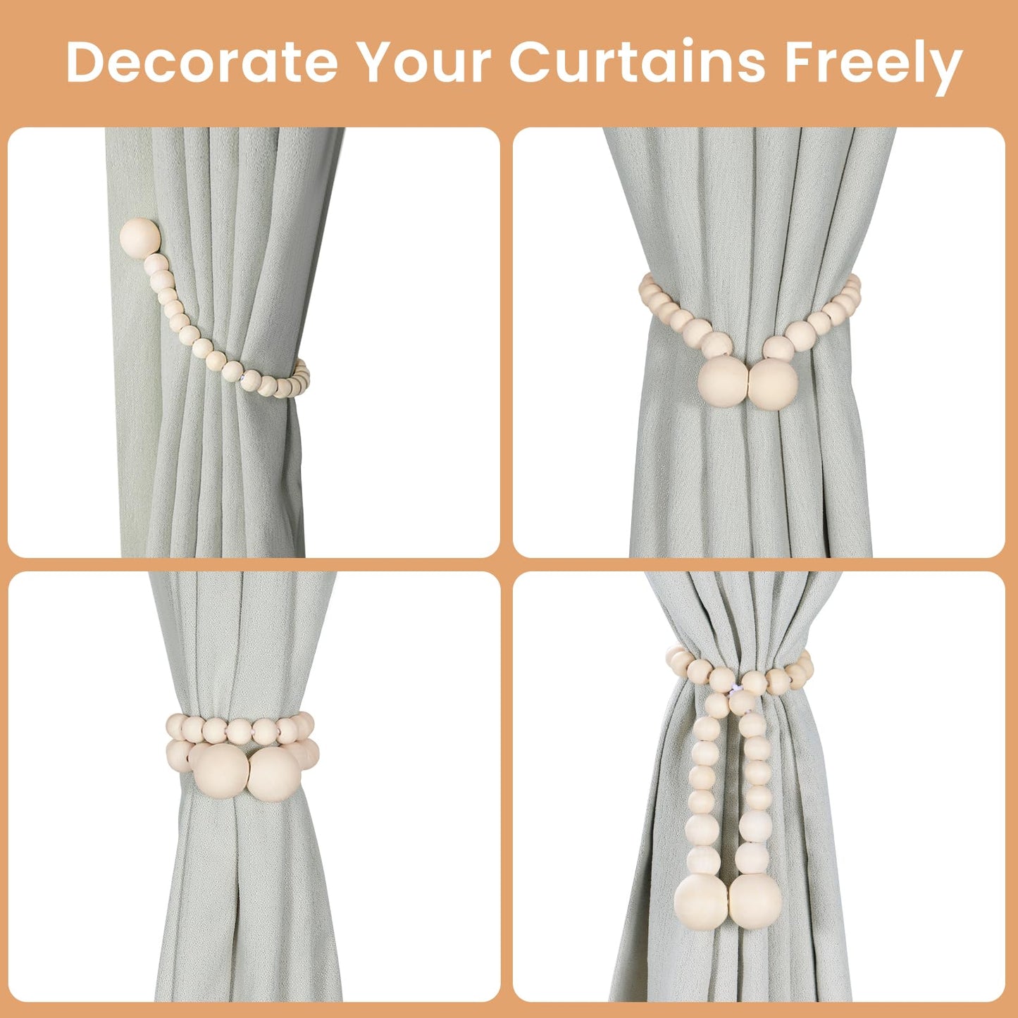 KLOGTSIND Magnetic Curtain Tiebacks, Curtain Tie Backs for Curtains 4 Pack, Wood Bead Curtain Tiebacks, Curtain Holders for Boho Bedroom Decor, Baby Nursery Decor, Farmhouse Decor