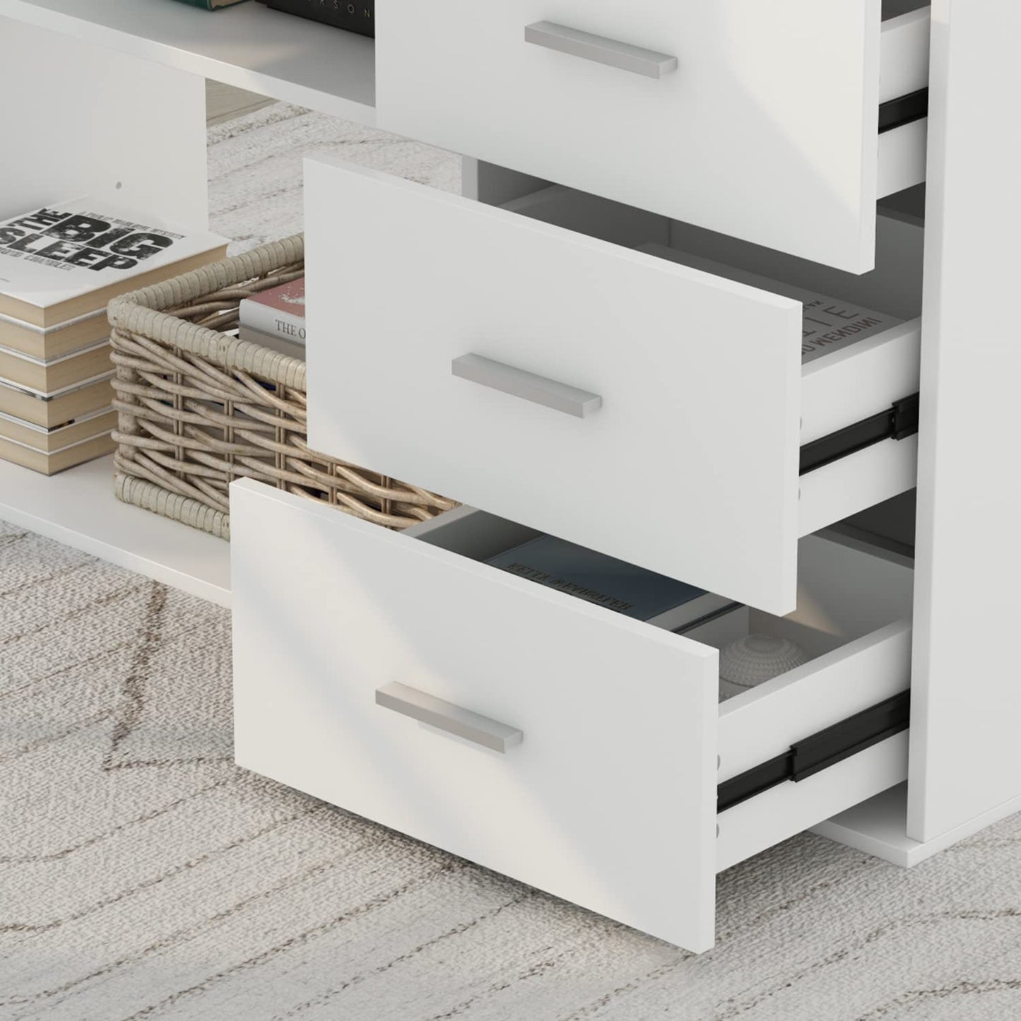 Homsee Home Office Computer Desk Corner Desk with 3 Drawers and 2 Shelves, 55 Inch Large L-Shaped Study Writing Table with Storage Cabinet - White