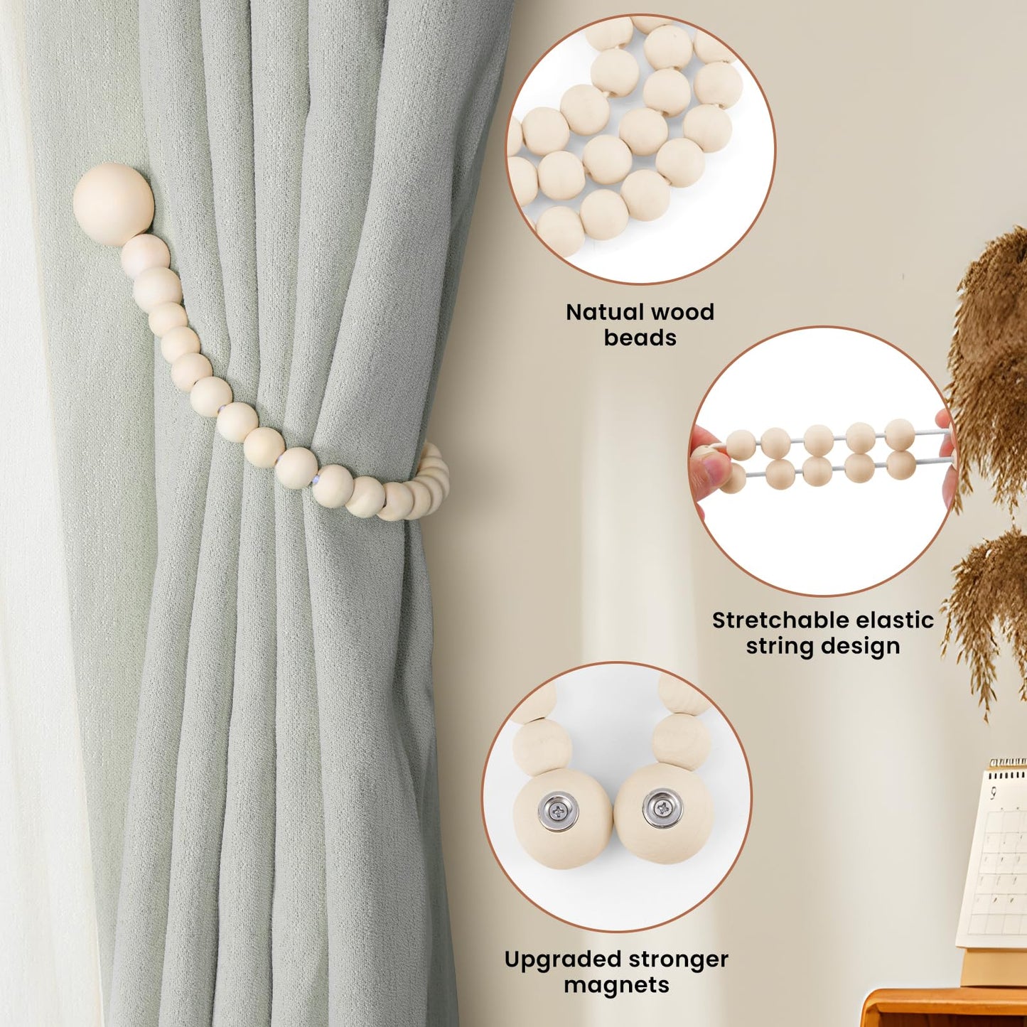 KLOGTSIND Magnetic Curtain Tiebacks, Curtain Tie Backs for Curtains 4 Pack, Wood Bead Curtain Tiebacks, Curtain Holders for Boho Bedroom Decor, Baby Nursery Decor, Farmhouse Decor